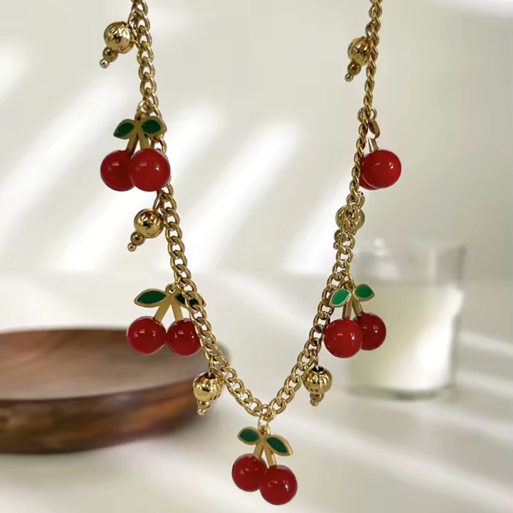 18K GOLD Cherry Charm Necklace 
Stainless Steel Gold Plated - Picture 4 of 9